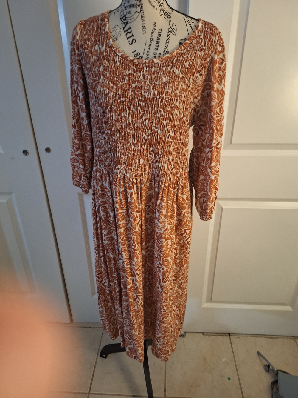croft & barrow Rust and White Smocked Floral Midi Dress